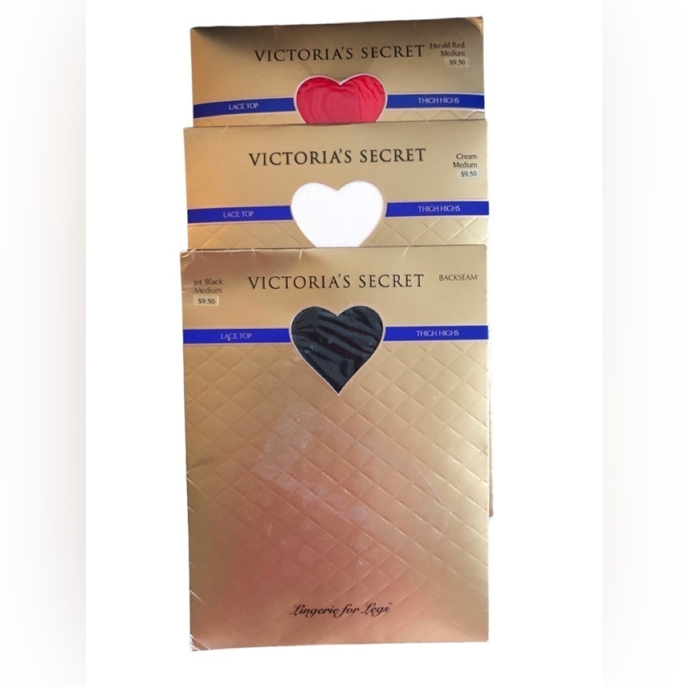 VTG Victoria’s Secret Lot of 3 Lace Top Thigh Highs Sz M Jet Black Cream Red